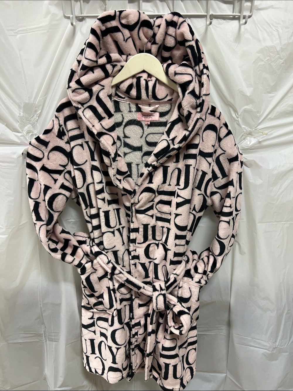 Juicy Couture Pink and Black Logo Hooded Plush Robe